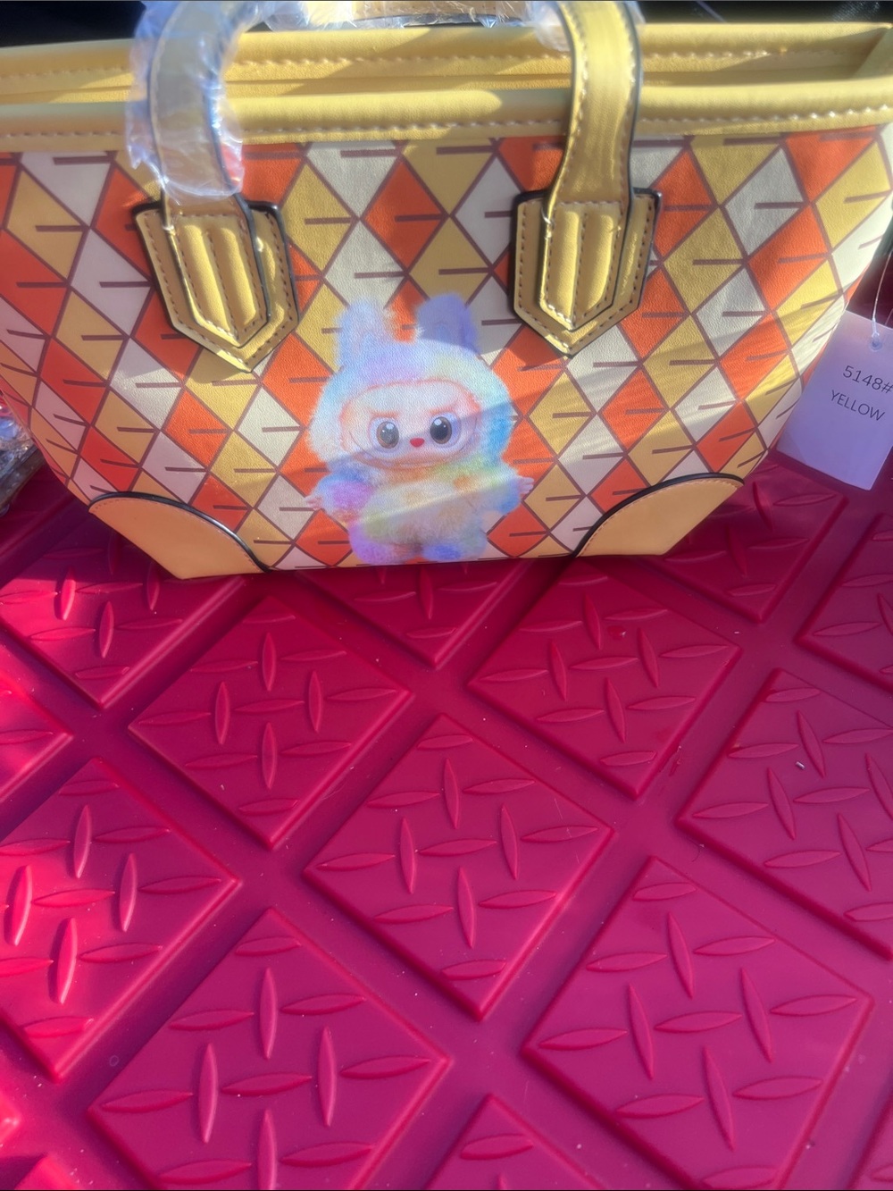 Yellow Geometric Print Tote Bag with Cute Character